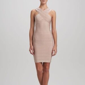 Herve Leger Stella Cross Front Dress Bandage Knit Stretch French Blush Bodycon L
